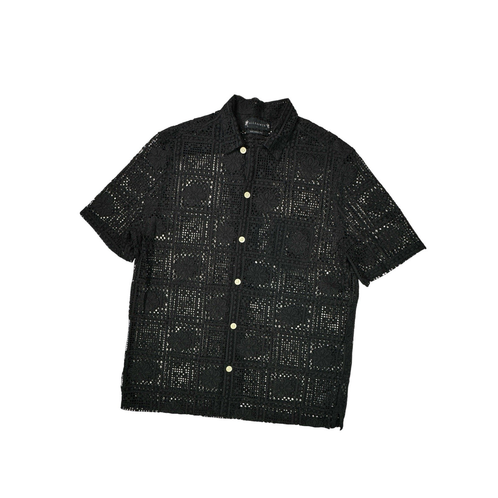 Allsaints Black Lace Net See Through Relaxed Fit Button Up Shirt Size L Ret $160
